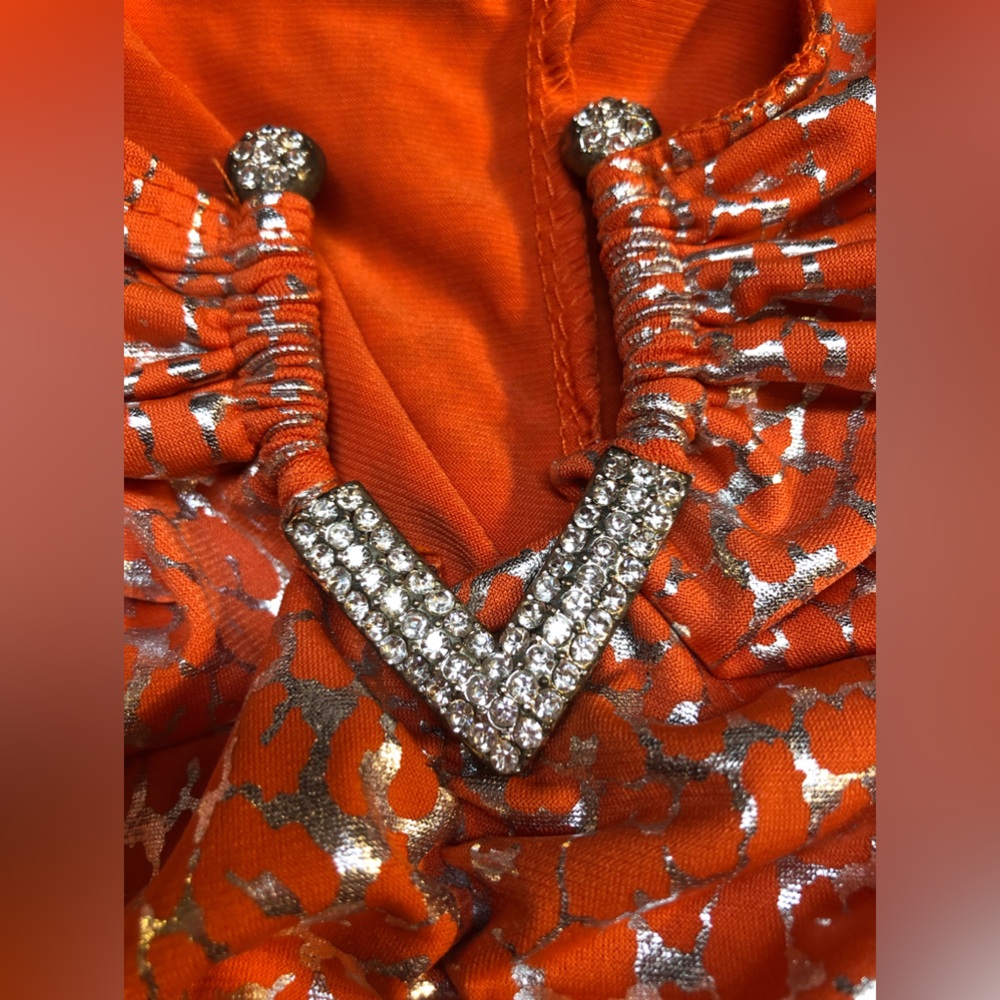 Orange and Silver Metallic Ruched Sleeveless Dress - Picture 12 of 13